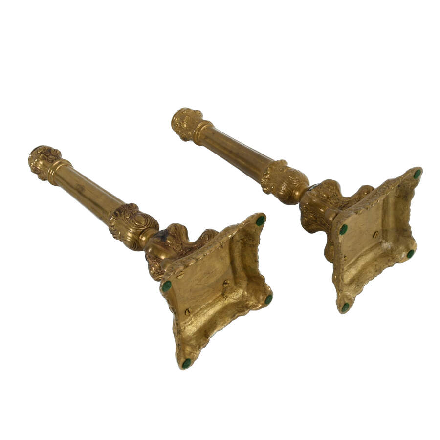 Pair Ornate Gold Candle Cast Metal Holders on Base-5