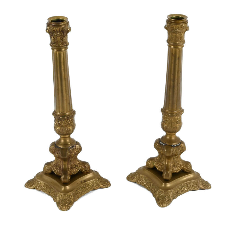 Pair Ornate Gold Candle Cast Metal Holders on Base-4