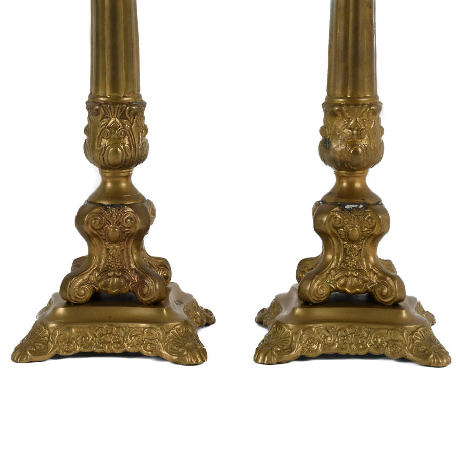 Pair Ornate Gold Candle Cast Metal Holders on Base-3