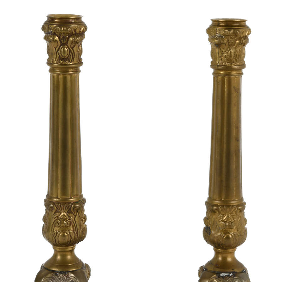 Pair Ornate Gold Candle Cast Metal Holders on Base-2
