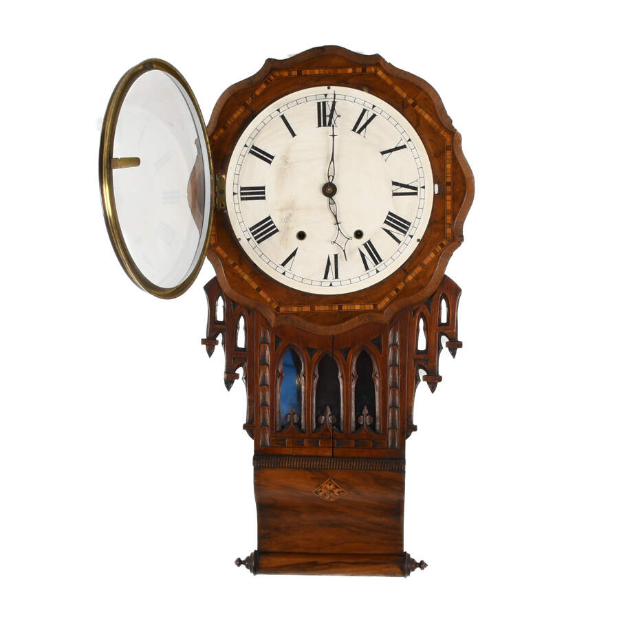 Antique Walnut and Marquetry Inlaid Drop Dial Wall Clock-7