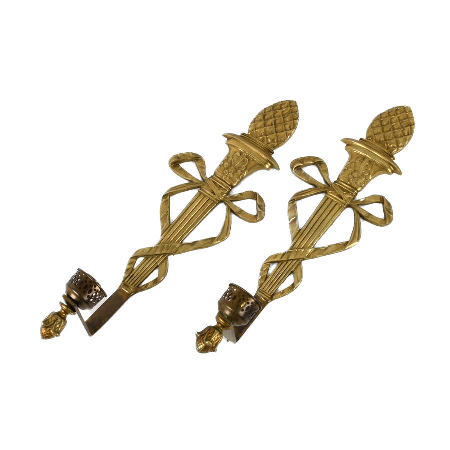 Pair of Virginia Metalcrafters Torch and Ribbon Brass Wall Sconces-5