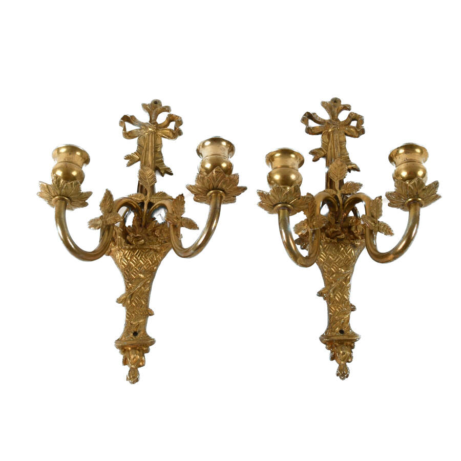 Pair of Gilt Ribbon Tie Wall Sconces-2