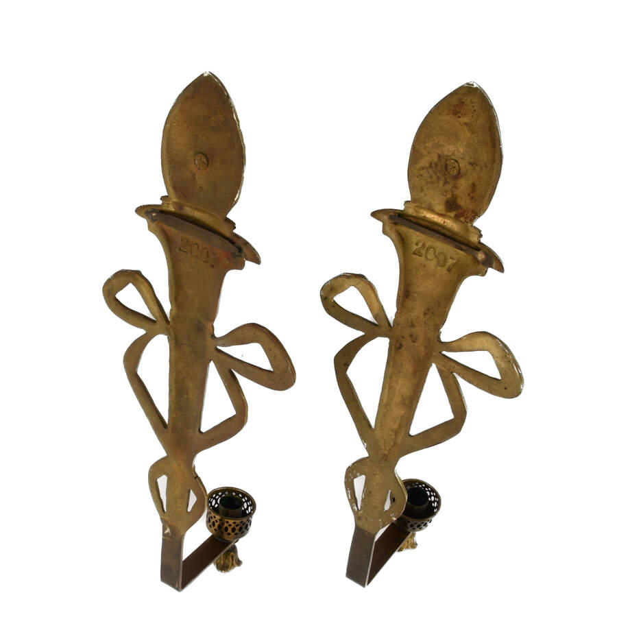Pair of Virginia Metalcrafters Torch and Ribbon Brass Wall Sconces-2