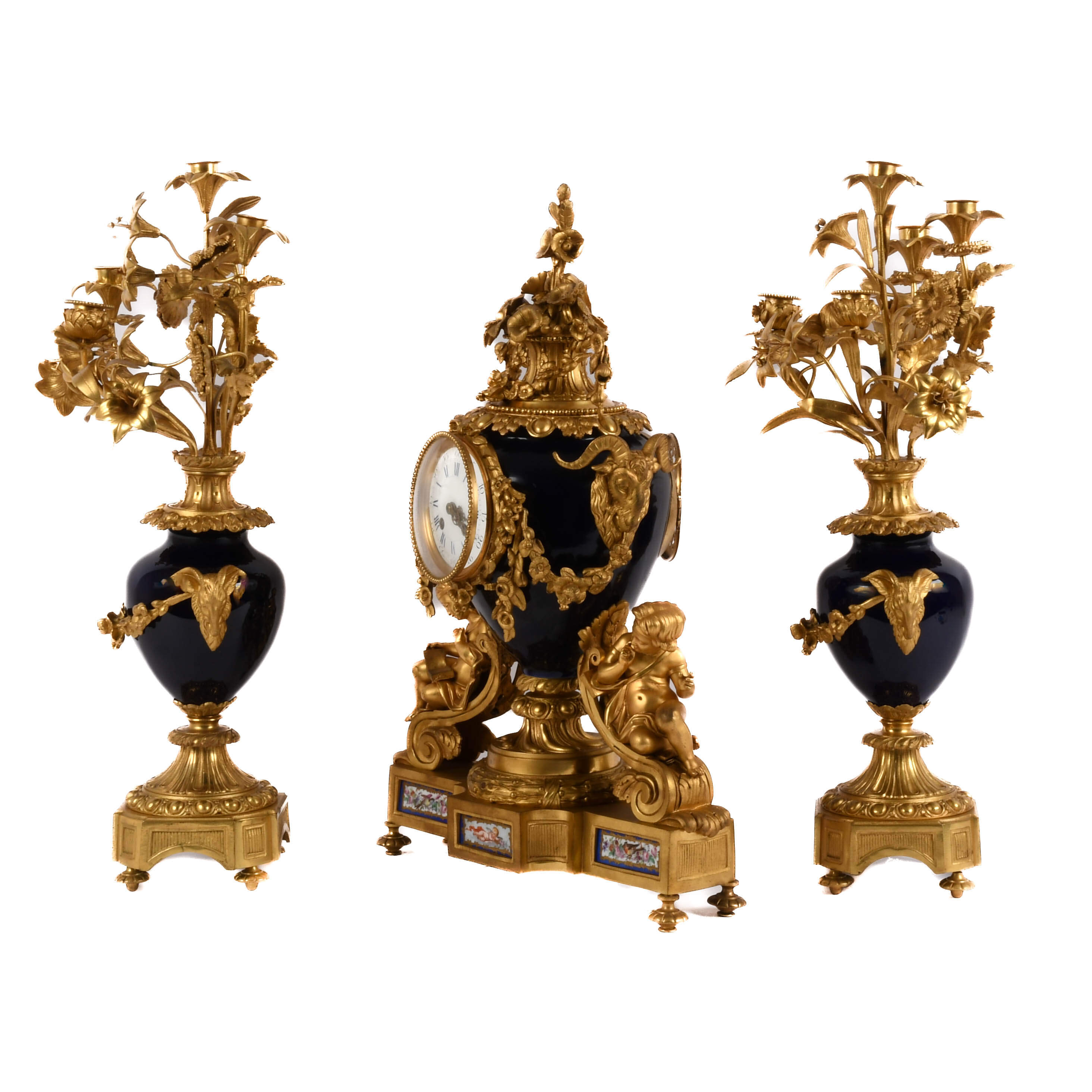 Antique French Japy Frères Bronze and Porcelain Clock Set-2