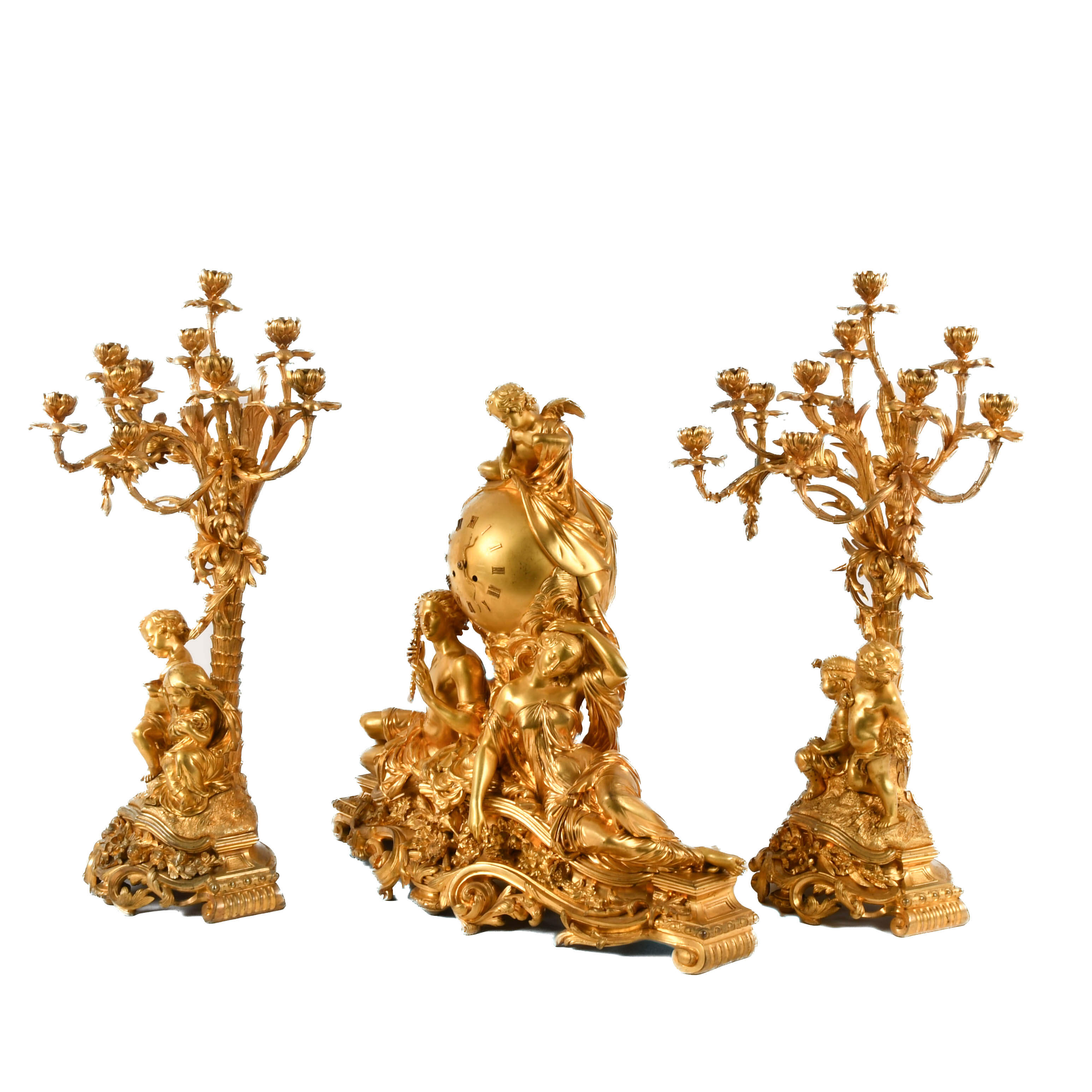 French 3-Piece Palatial Dore Bronze Garniture Clock Set-3