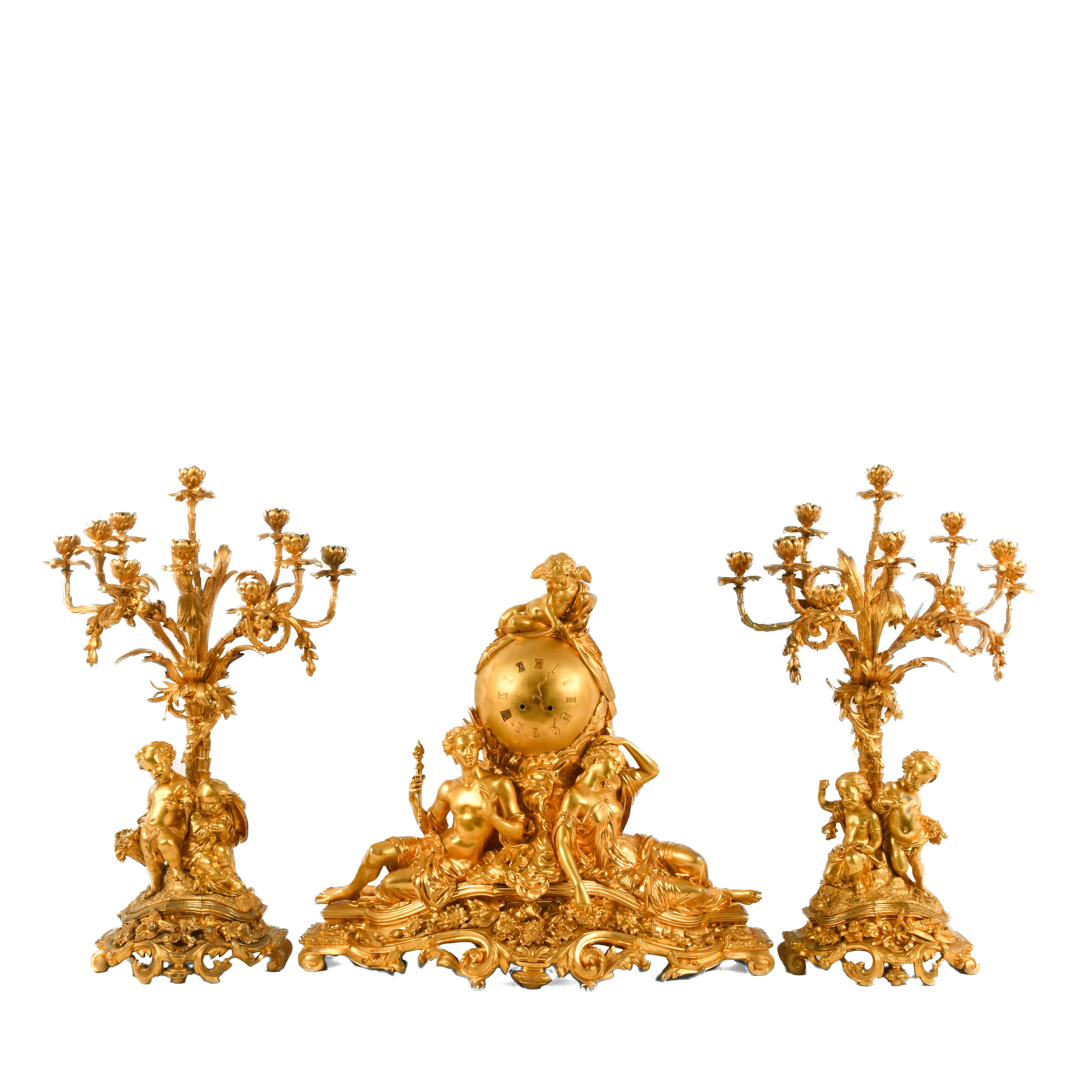 French 3-Piece Palatial Dore Bronze Garniture Clock Set-1