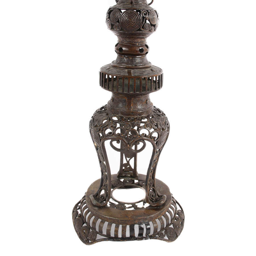 Antique Japanese Black Iron Filigree Column Candlesticks-5