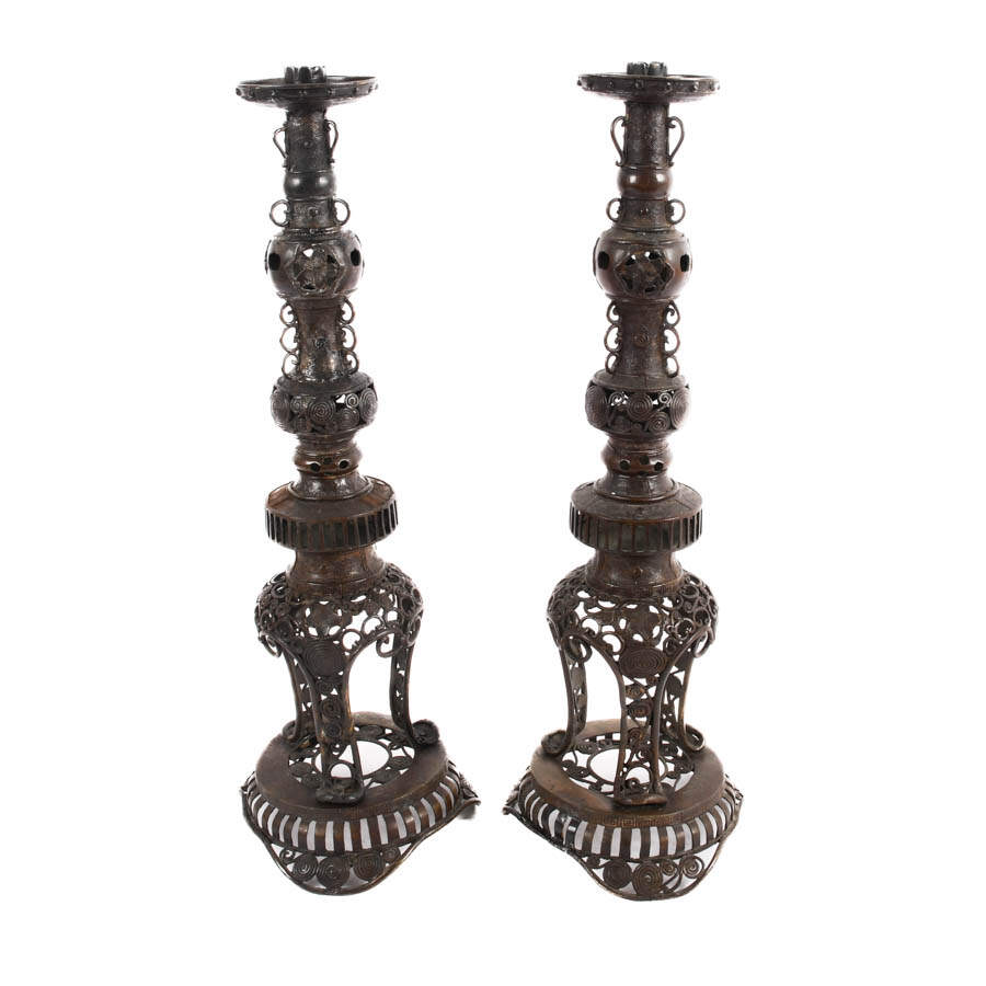 Antique Japanese Black Iron Filigree Column Candlesticks-3