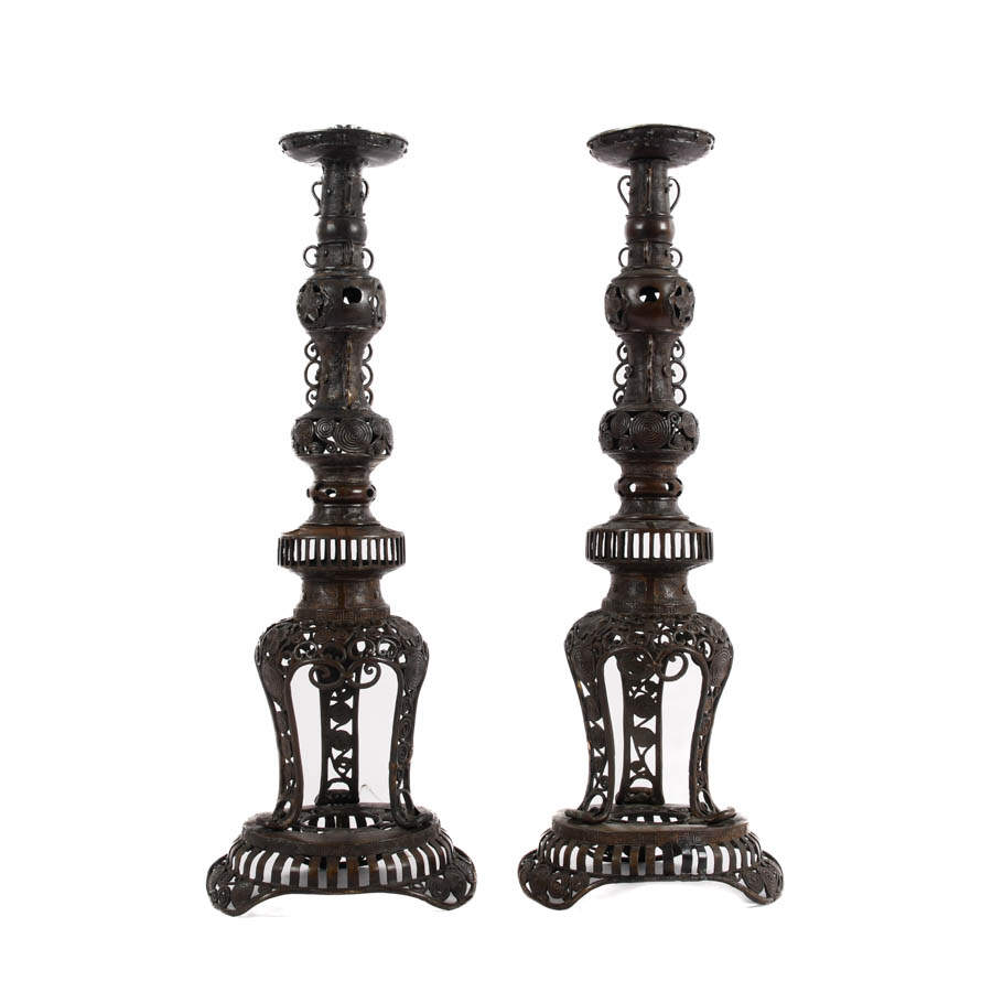 Antique Japanese Black Iron Filigree Column Candlesticks-2
