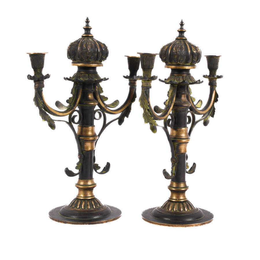 Antique German Pair of Bronze Ornamental Candle Holders-3