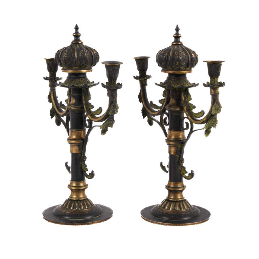 Antique German Pair of Bronze Ornamental Candle Holders-2
