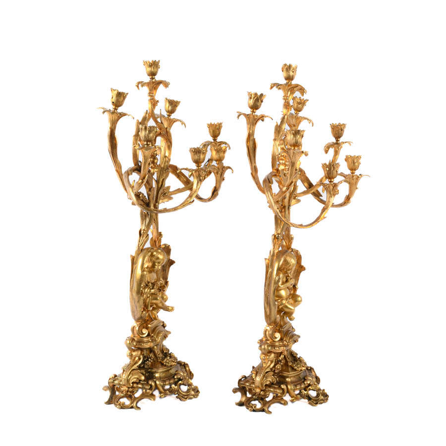 Pair of French Gilt Bronze Cherub 7-Light Candelabras-8