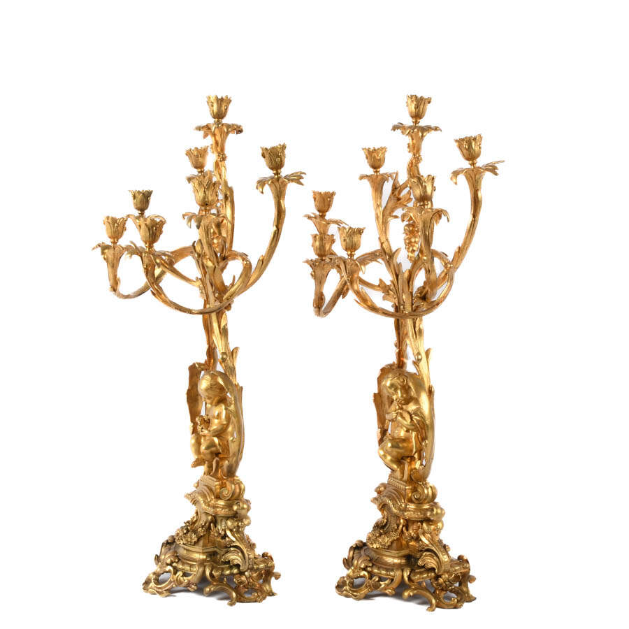 Pair of French Gilt Bronze Cherub 7-Light Candelabras-6