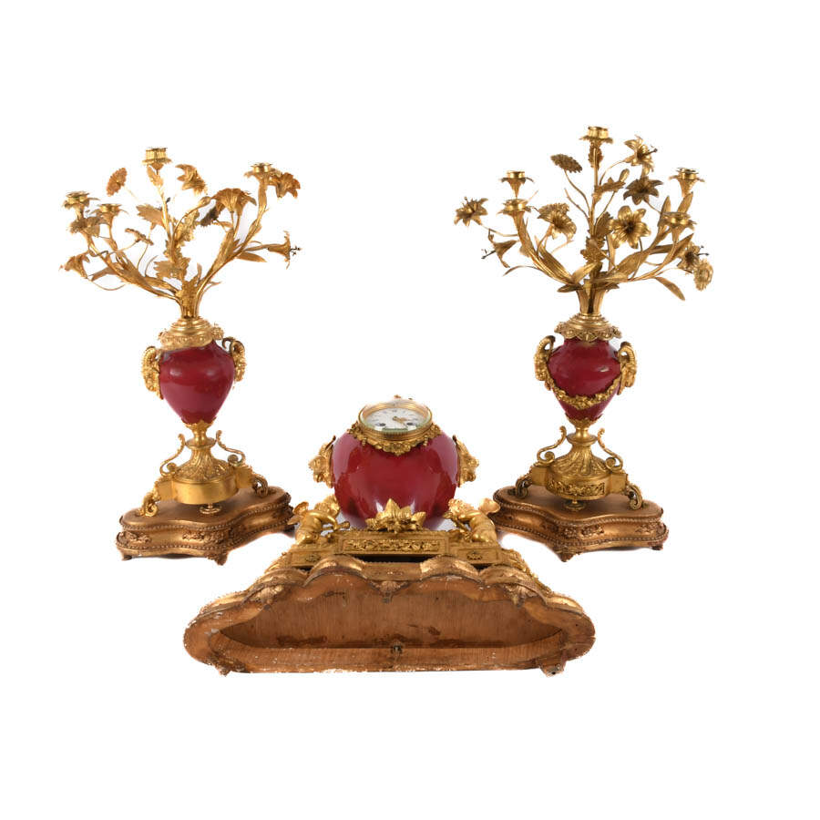 Antique French Italian Rococo Mantle Clock Set-10