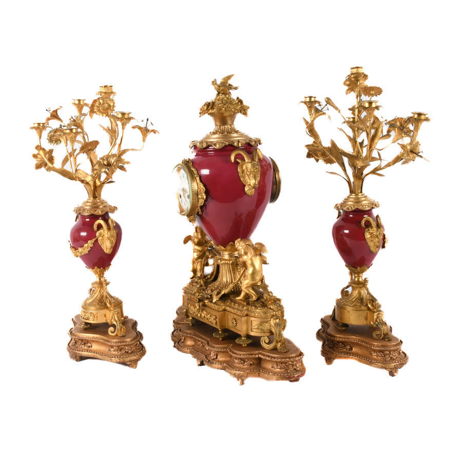 Antique French Italian Rococo Mantle Clock Set-4