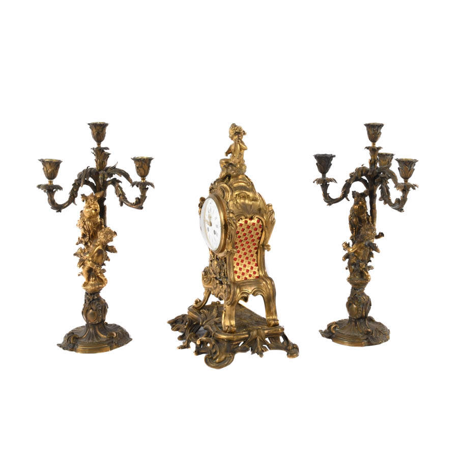 Antique Three-Piece Millet à Paris Bronze Clock and Candelabra Set-3