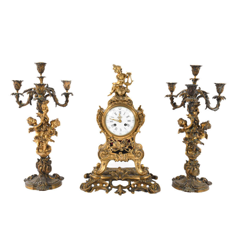 Antique Three-Piece Millet à Paris Bronze Clock and Candelabra Set-1