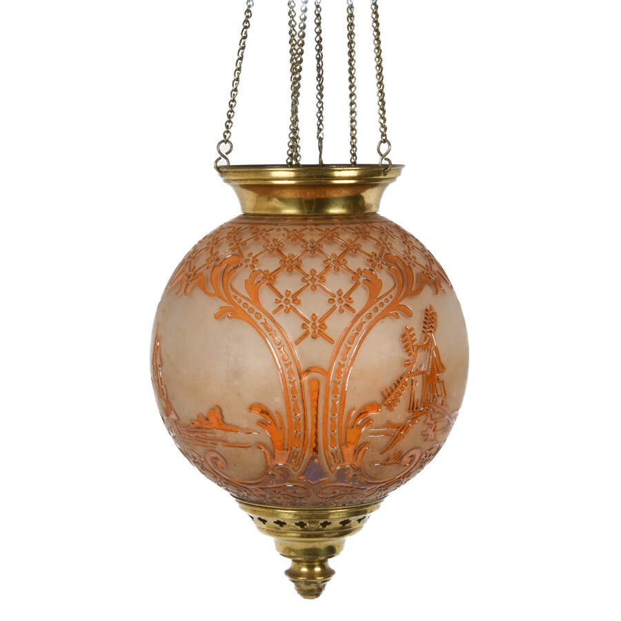 Antique Amber Napoleon III  Scene de Campagne Crystal  Alcohol Oil Lamp-3