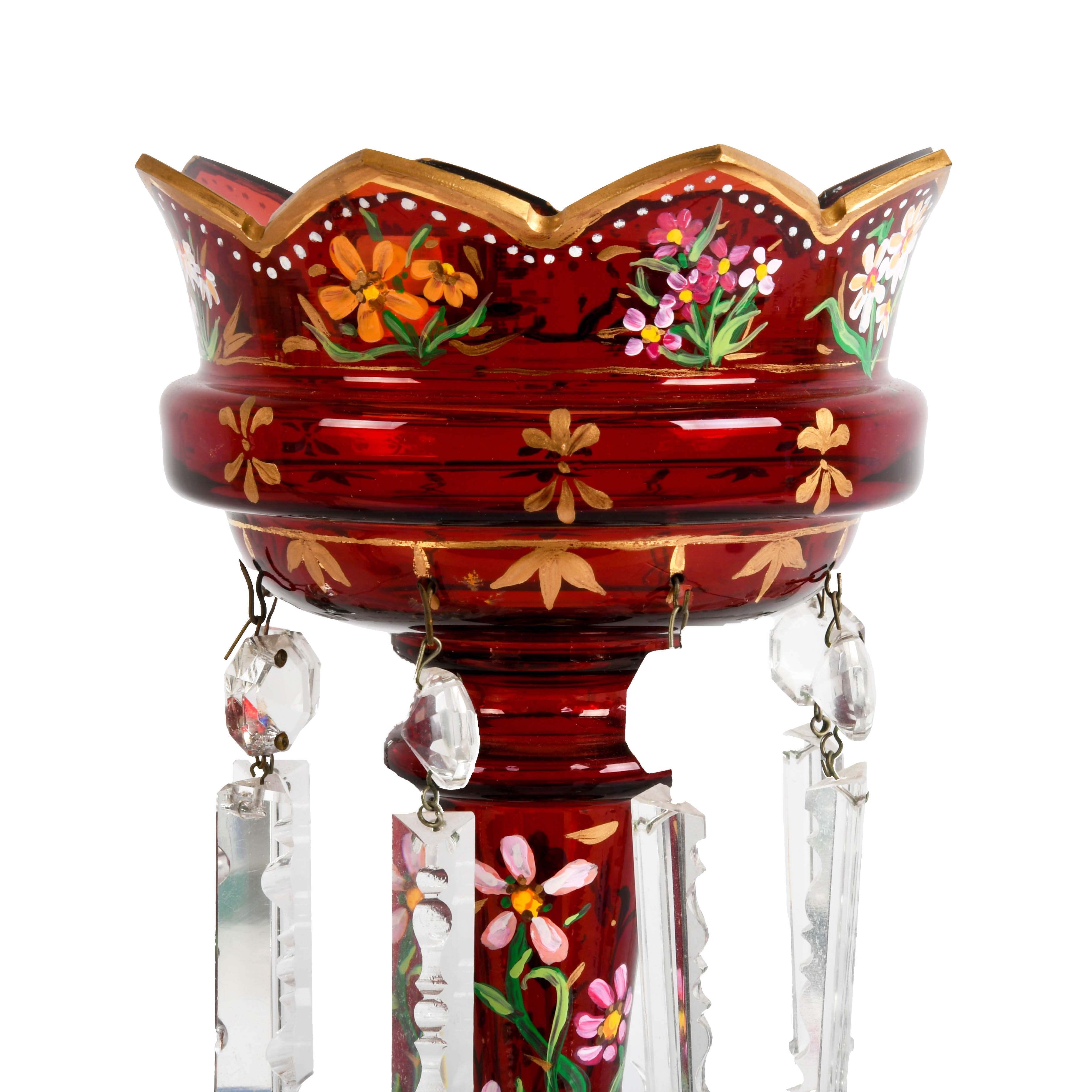 Victorian Ruby Bohemian and Hand-Painted Scalloped Edge Lusters-4