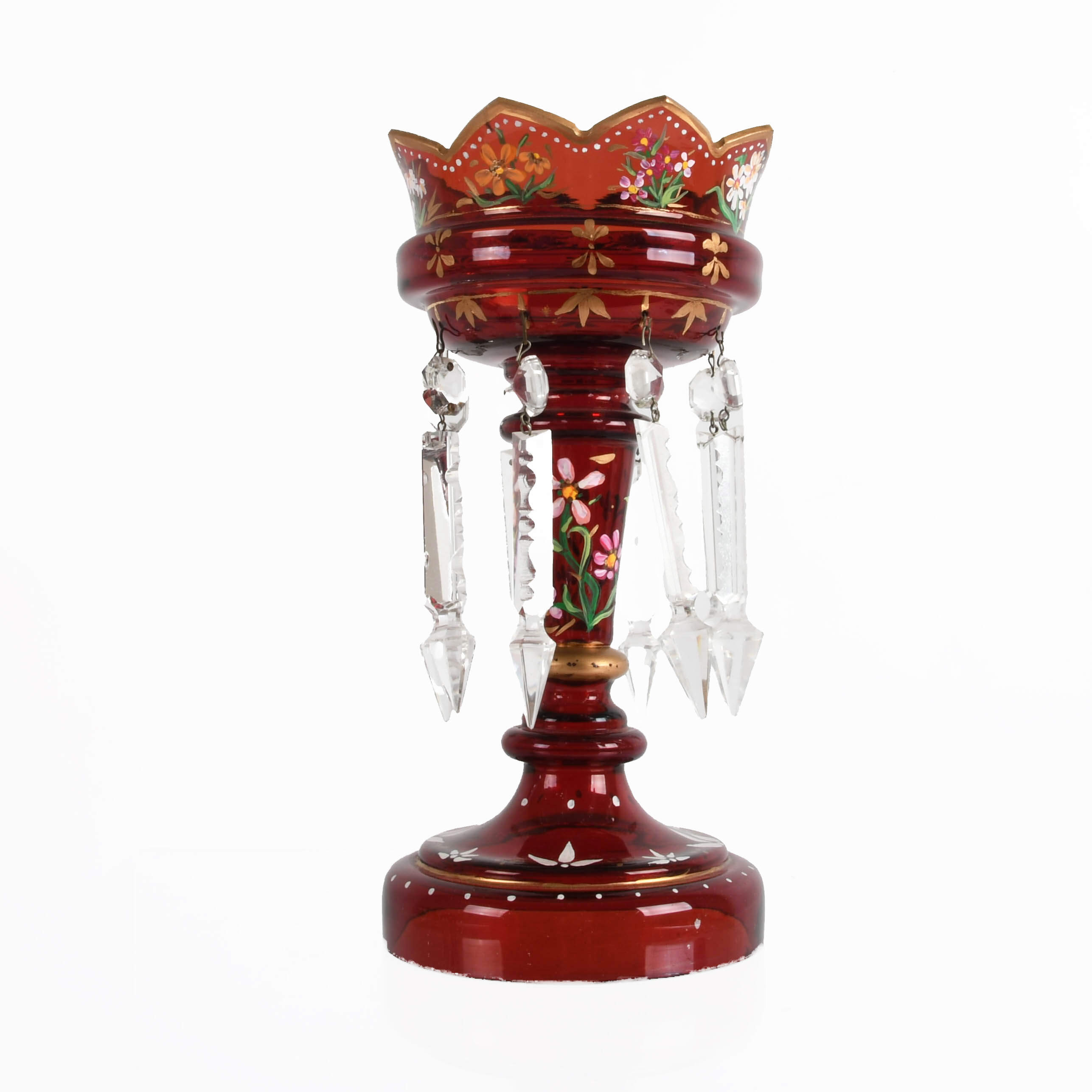 Victorian Ruby Bohemian and Hand-Painted Scalloped Edge Lusters-3