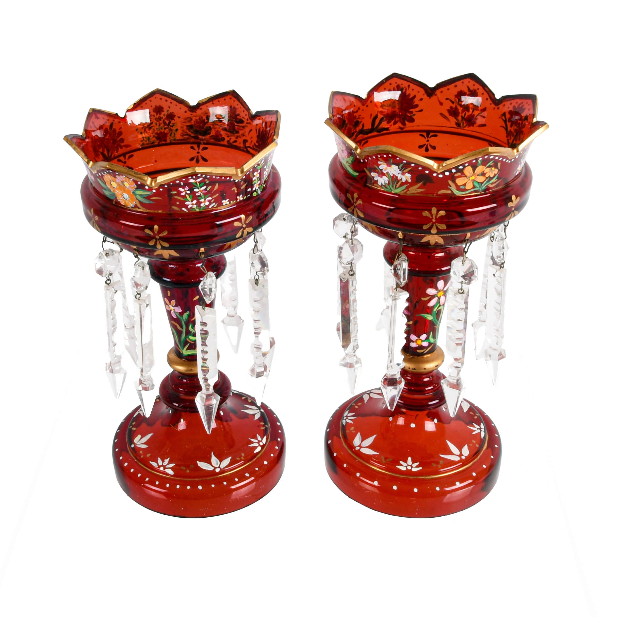 Victorian Ruby Bohemian and Hand-Painted Scalloped Edge Lusters-2