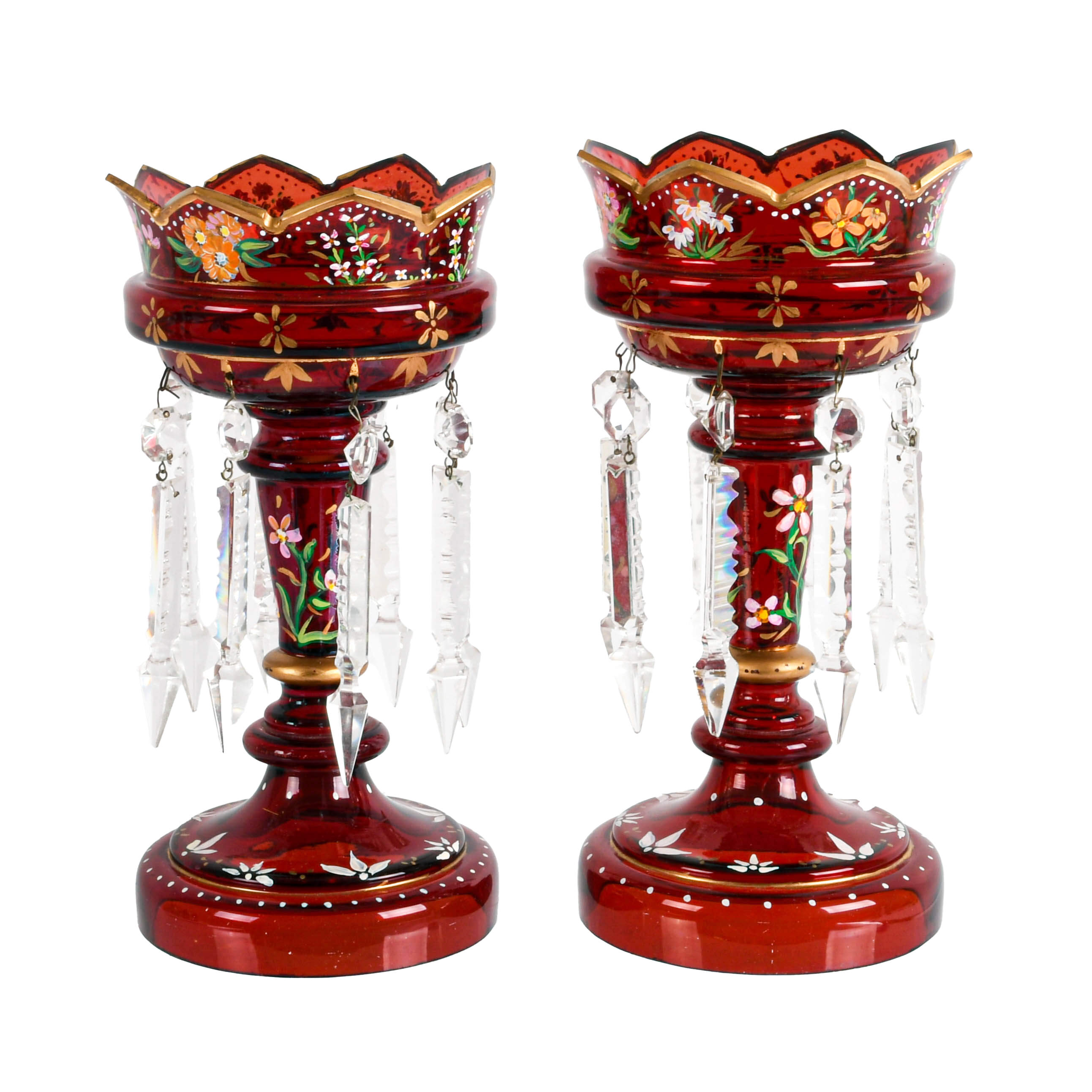 Victorian Ruby Bohemian and Hand-Painted Scalloped Edge Lusters-1