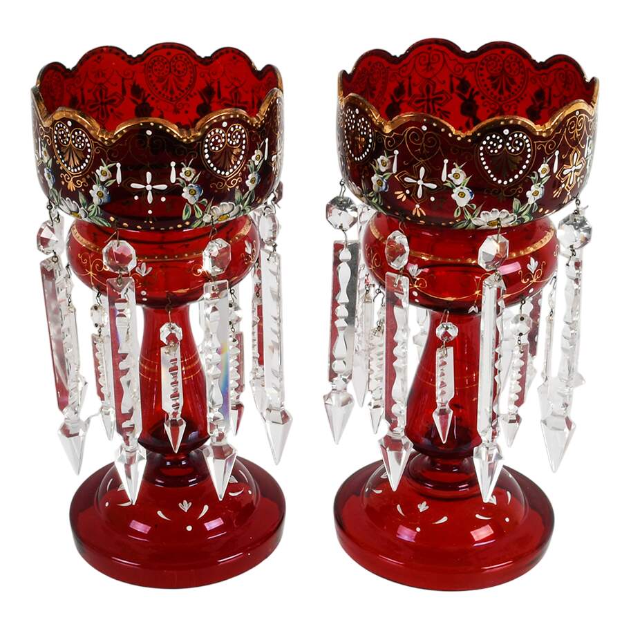 Victorian Pair of Ruby Bohemian and Hand-Painted Lusters-3