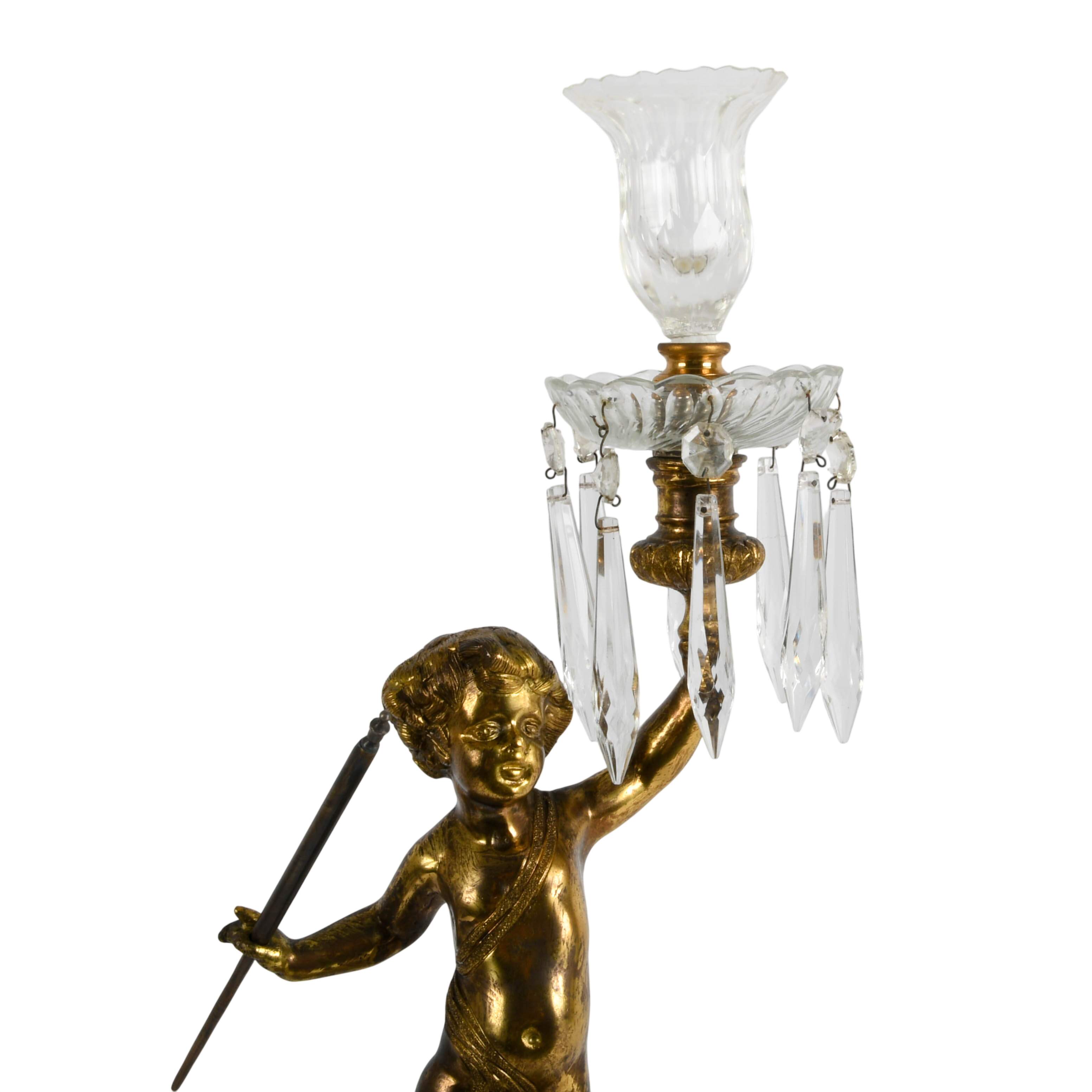 Gilt Bronze Cherub Candelabra with Crystal Prims-2