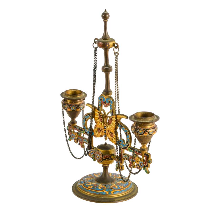 Antique Champleve Enamel Double Arm Butterfly Doré Candelabra-6