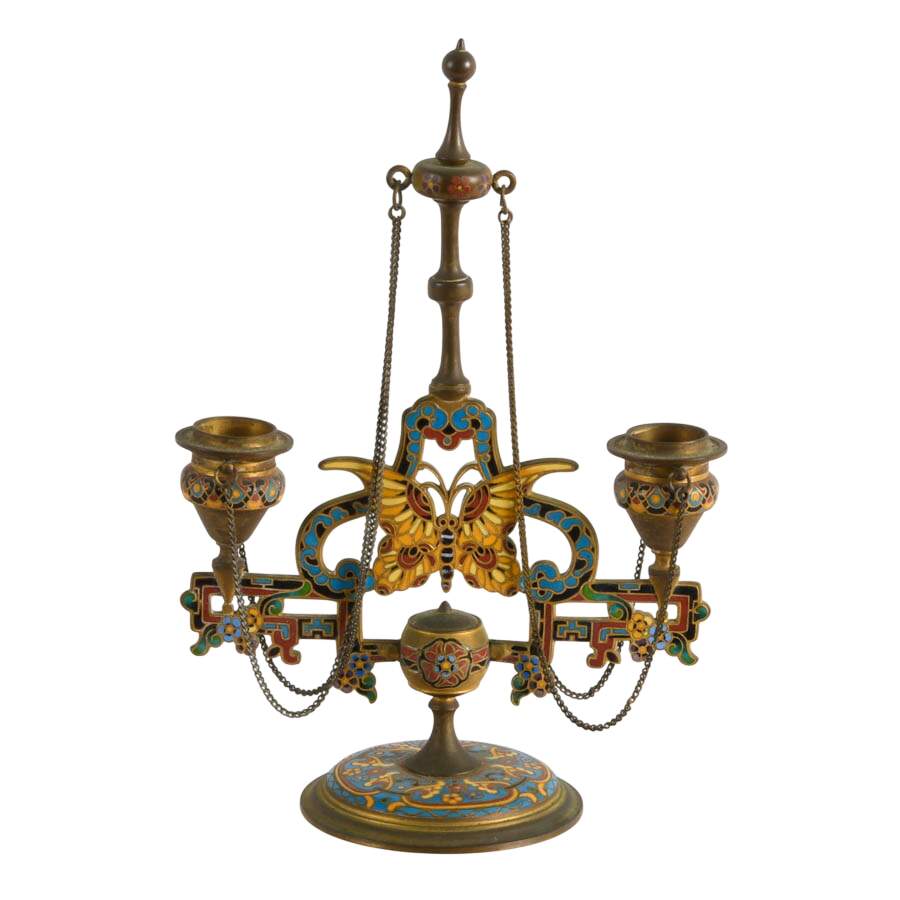 Antique Champleve Enamel Double Arm Butterfly Doré Candelabra-1