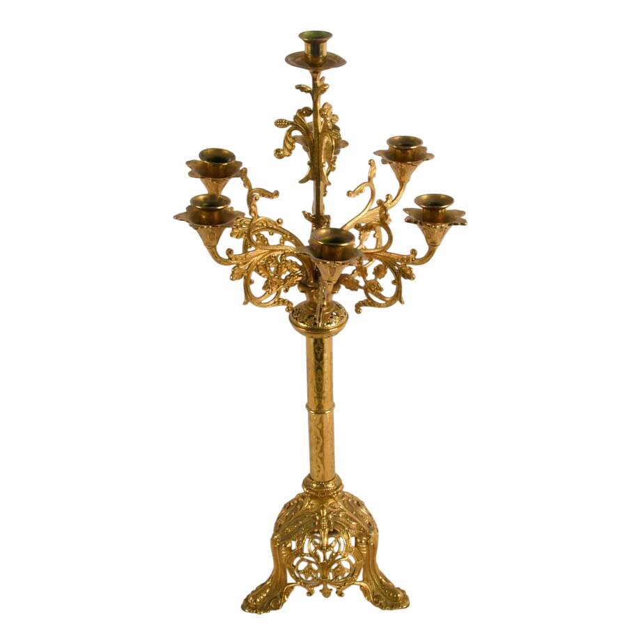 Antique Romanesque Style Brass 7-Light Altar Candelabra-9