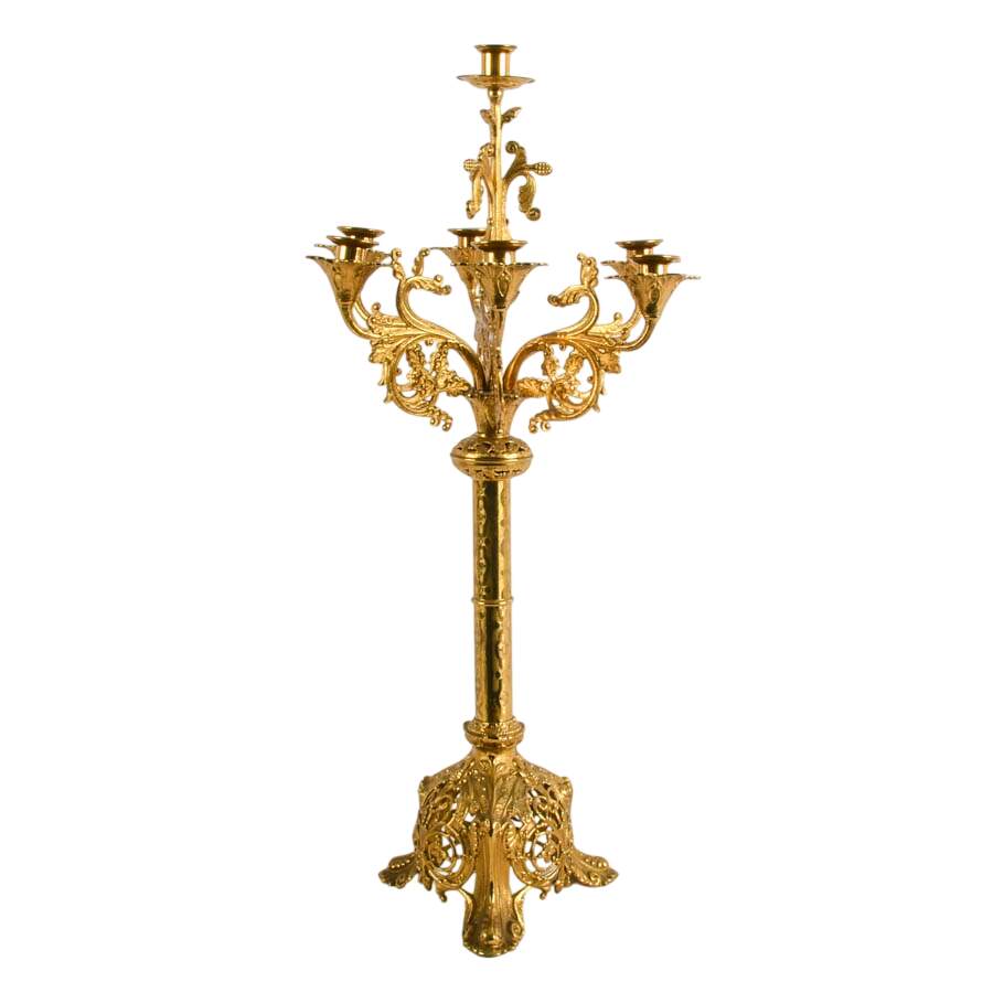 Antique Romanesque Style Brass 7-Light Altar Candelabra-6