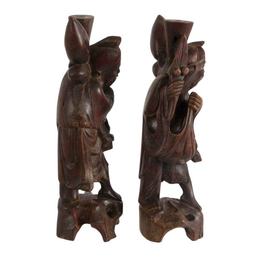 Pair of Japanese Edo Period Carved Fisherman Candlesticks-4