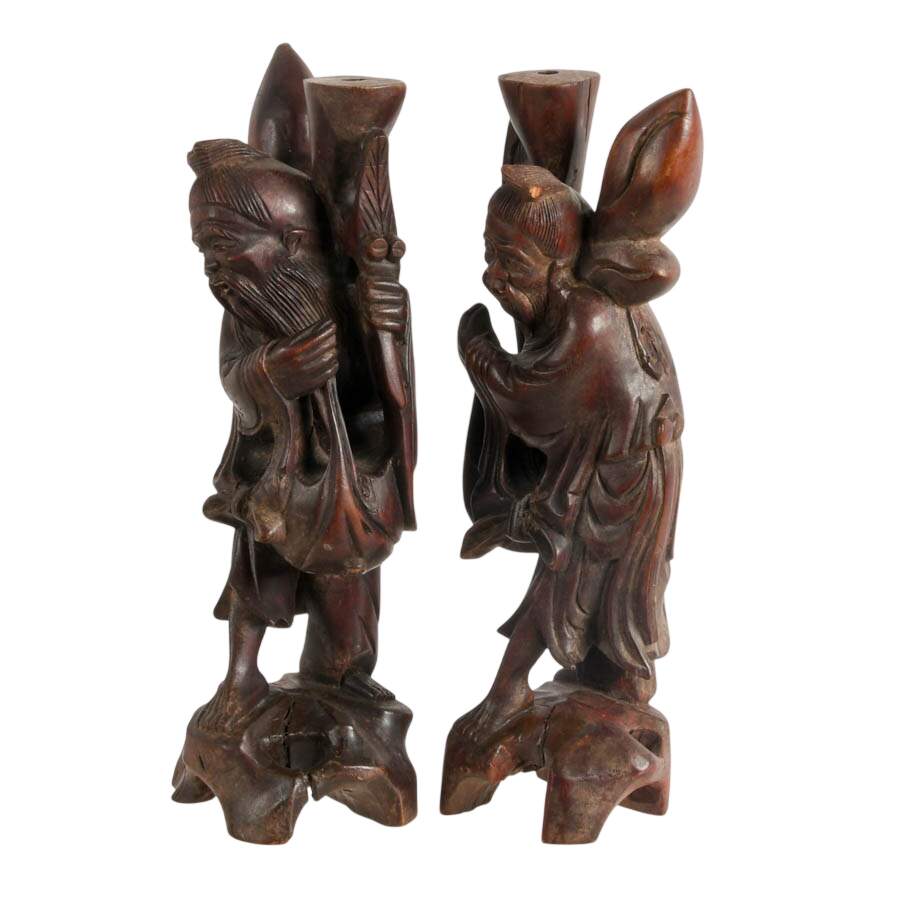 Pair of Japanese Edo Period Carved Fisherman Candlesticks-2