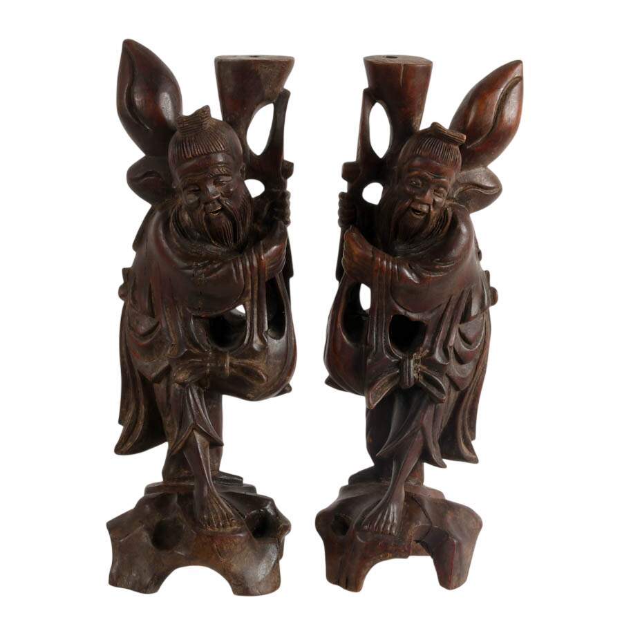 Pair of Japanese Edo Period Carved Fisherman Candlesticks-1