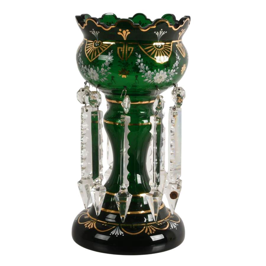 Pair of Antique Green Bohemian Glass Lusters with Hanging Crystal Prisms-4
