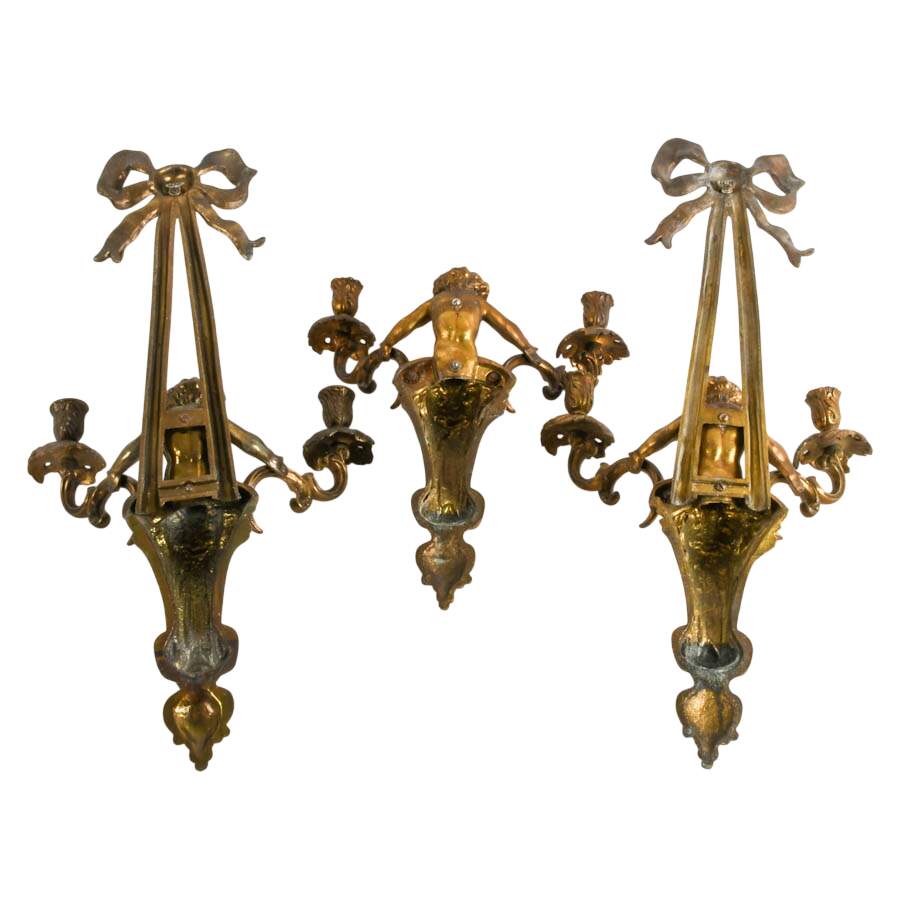Antique Trio of French Louis XVI-Style Cherub Wall Candleholder-8