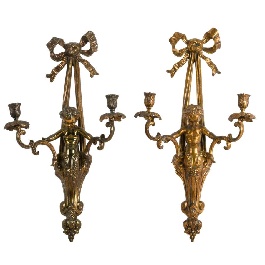 Antique Trio of French Louis XVI-Style Cherub Wall Candleholder-2