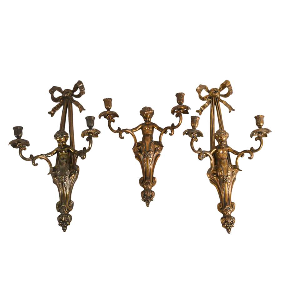 Antique Trio of French Louis XVI-Style Cherub Wall Candleholder-1