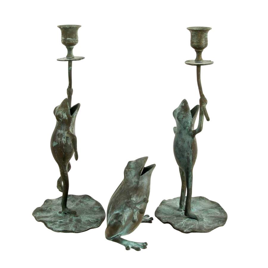 Three Piece Verdigris-Look Metal Frog Candlestick Set with Match Holder-2
