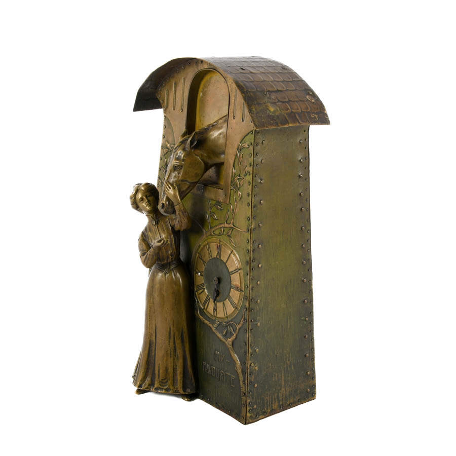 Arts Nouveau Figural Woman and Horse Mantle Clock-5