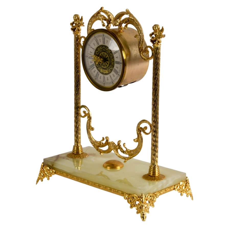 Vintage West German Gilt Metal Green Onyx Mantel Clock with Cherub Finials-3