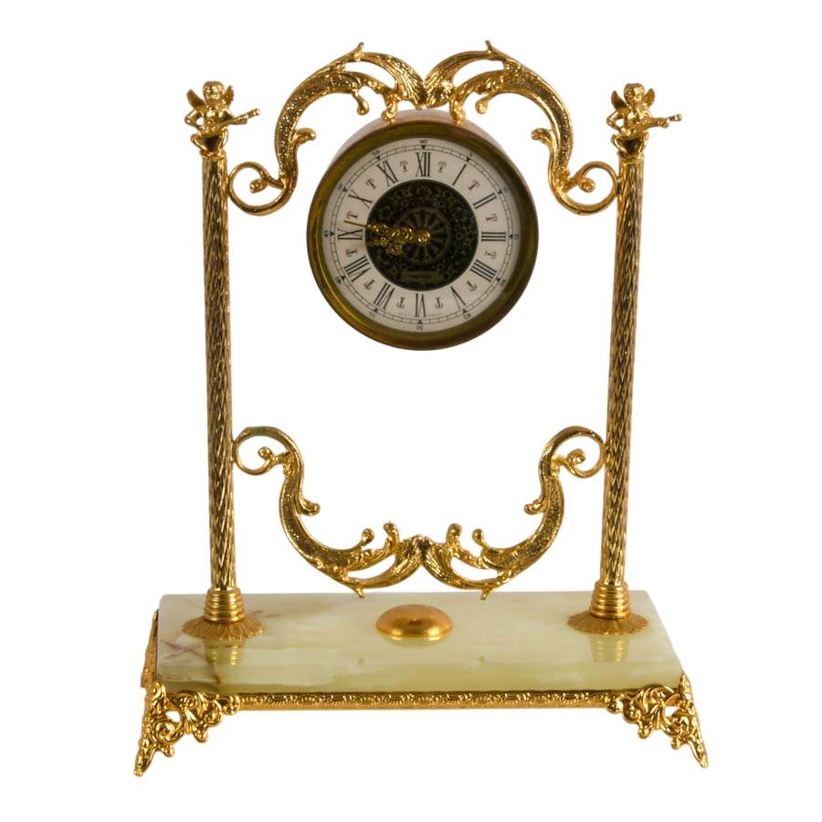 Vintage West German Gilt Metal Green Onyx Mantel Clock with Cherub Finials-1