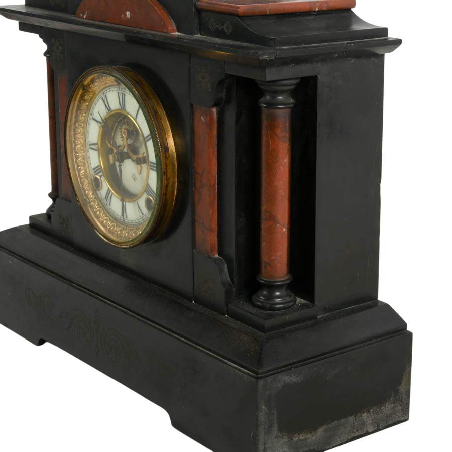 Antique Ansonia Black Onyx and Rouge Marble Mantel Clock-8