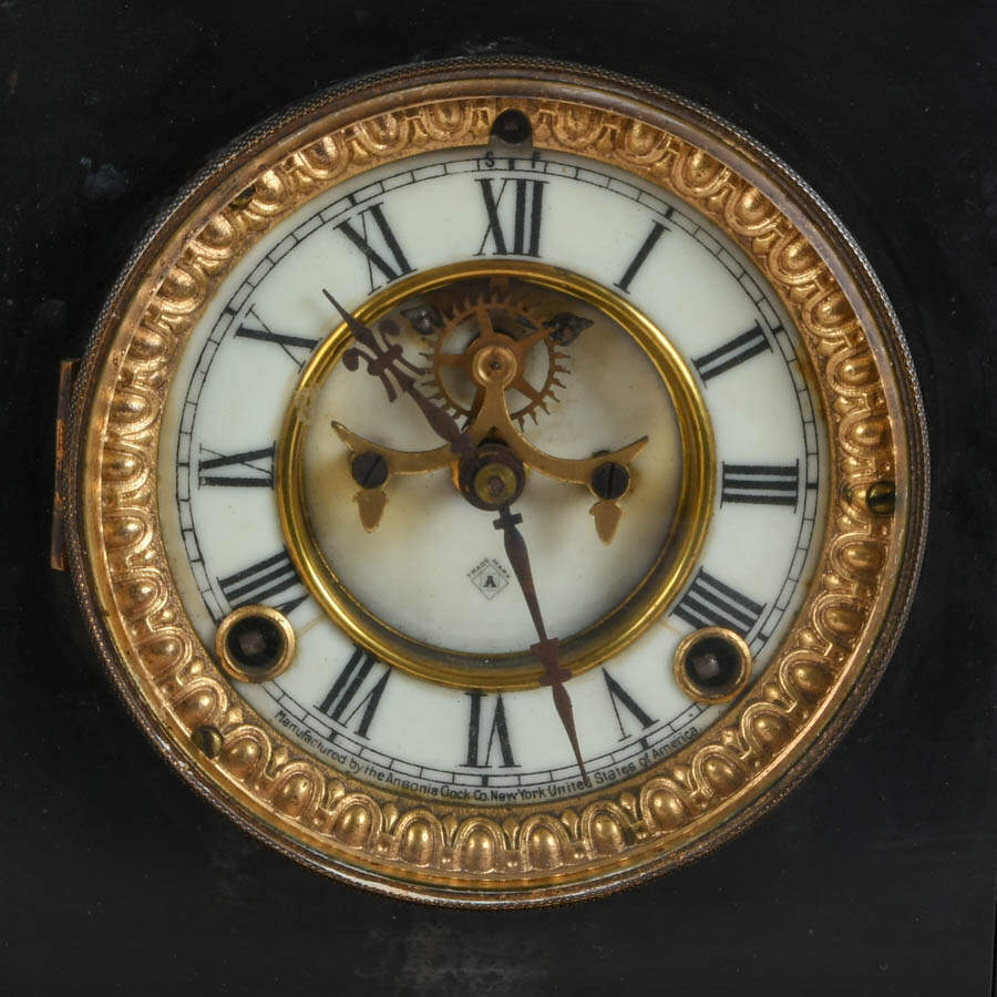 Antique Ansonia Black Onyx and Rouge Marble Mantel Clock-3