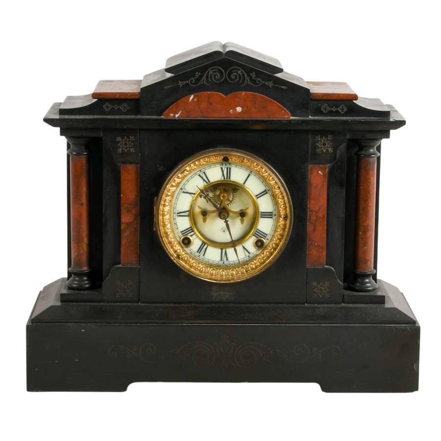 Antique Ansonia Black Onyx and Rouge Marble Mantel Clock-1