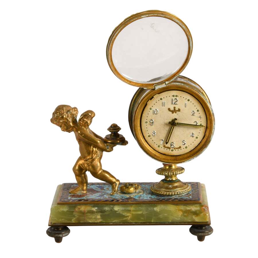 Antique French Champlevé Enamel and Ormolu Gilt Cherub Table Clock-8