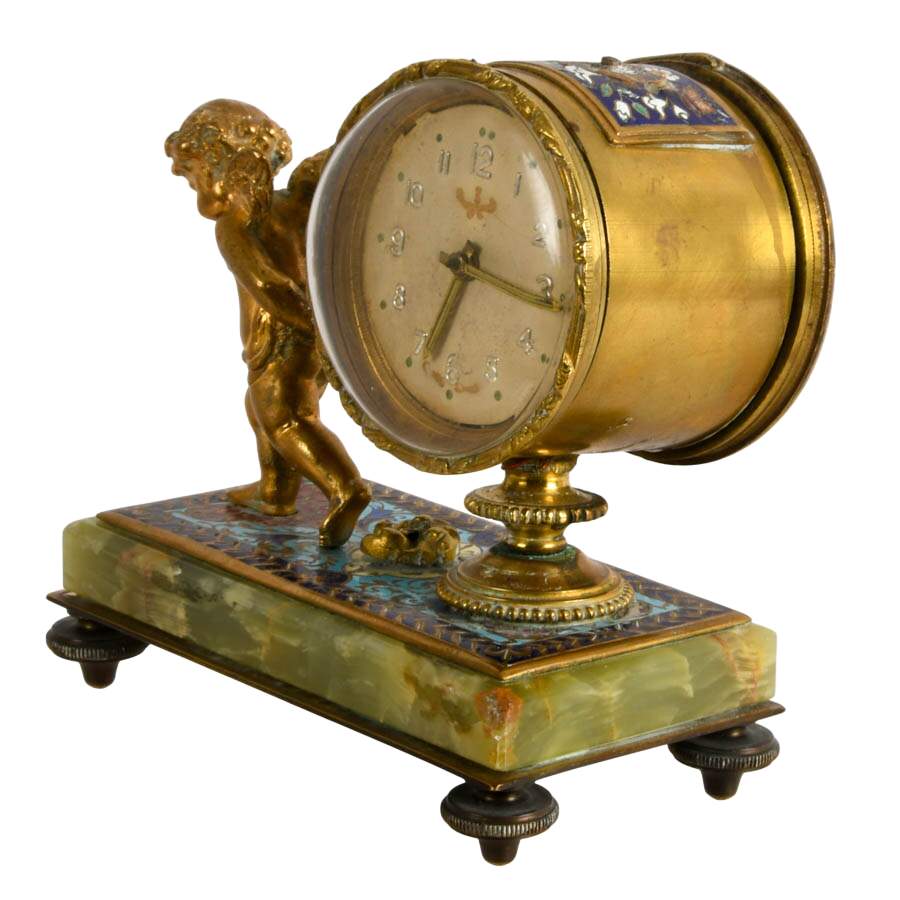 Antique French Champlevé Enamel and Ormolu Gilt Cherub Table Clock-4