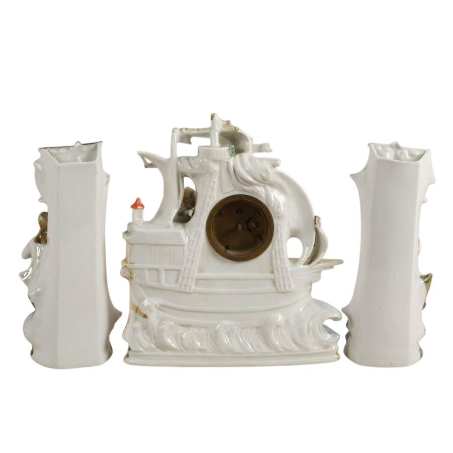 German Porcelain New Haven Figural Ship Mantel Clock Set-11
